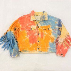 Blank NYC Tie Dye Fringe Denim Jacket Oversized Button Boho Festival Sz Medium